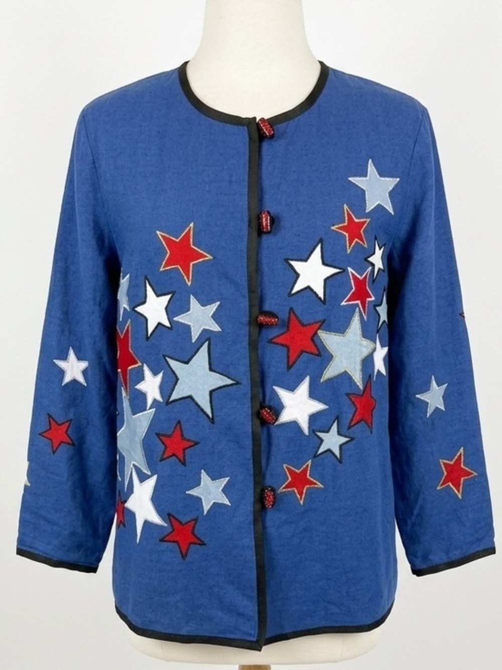 Indigo Moon Blue Patriotic Art to Wear Star Patchwork Linen Blend Jacket Small